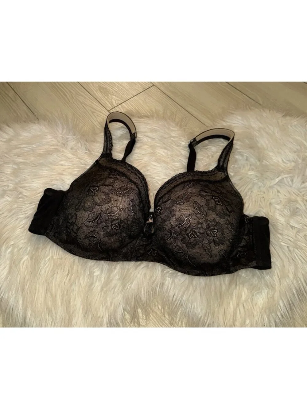Cacique A/O Lightly Lined Balconette Modern Lace Bra Underwire Womens 44C Black